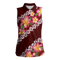 Oxblood Polynesia Women Sleeveless Polo Shirt Plumeria With Hibiscus Pattern Tropical Vibes LT14 Female Oxblood - Polynesian Pride