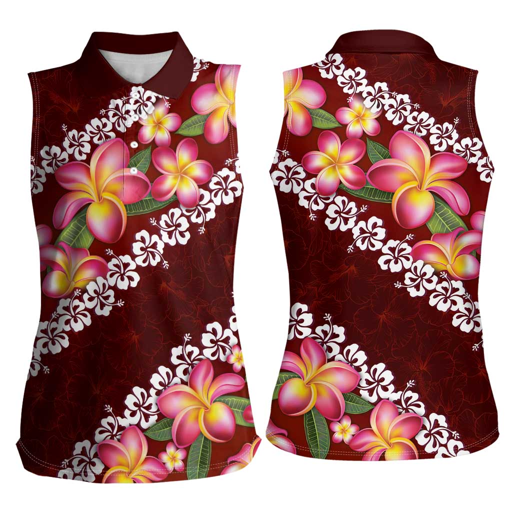 Oxblood Polynesia Women Sleeveless Polo Shirt Plumeria With Hibiscus Pattern Tropical Vibes LT14 - Polynesian Pride