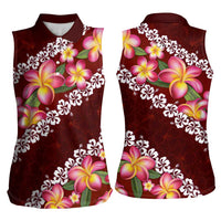 Oxblood Polynesia Women Sleeveless Polo Shirt Plumeria With Hibiscus Pattern Tropical Vibes LT14 - Polynesian Pride
