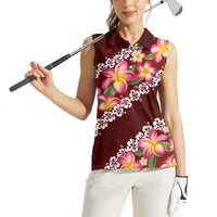 Oxblood Polynesia Women Sleeveless Polo Shirt Plumeria With Hibiscus Pattern Tropical Vibes LT14 - Polynesian Pride