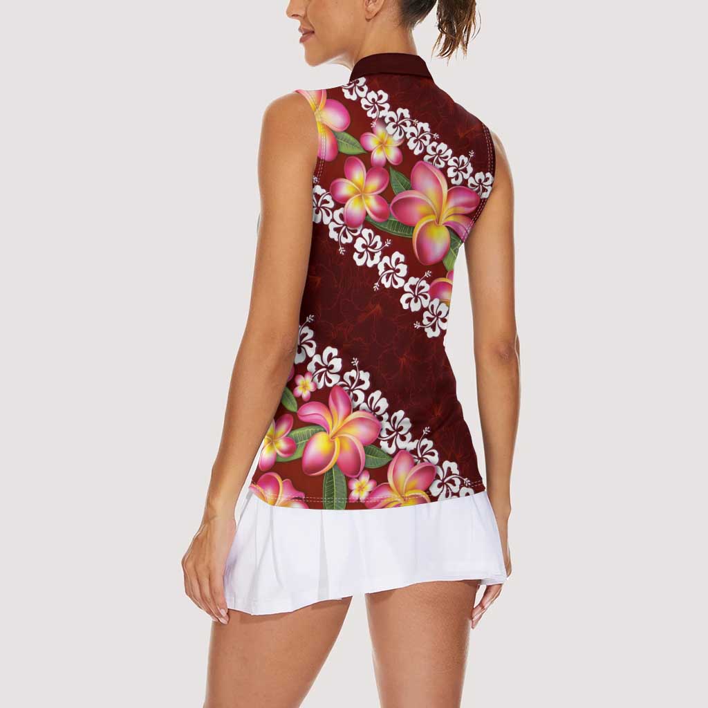 Oxblood Polynesia Women Sleeveless Polo Shirt Plumeria With Hibiscus Pattern Tropical Vibes LT14 - Polynesian Pride