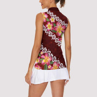 Oxblood Polynesia Women Sleeveless Polo Shirt Plumeria With Hibiscus Pattern Tropical Vibes LT14 - Polynesian Pride
