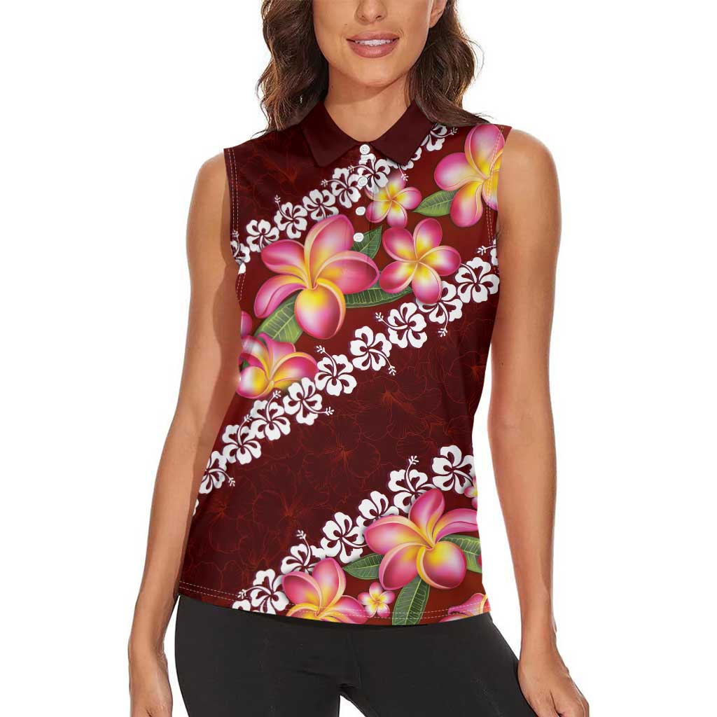 Oxblood Polynesia Women Sleeveless Polo Shirt Plumeria With Hibiscus Pattern Tropical Vibes LT14 - Polynesian Pride