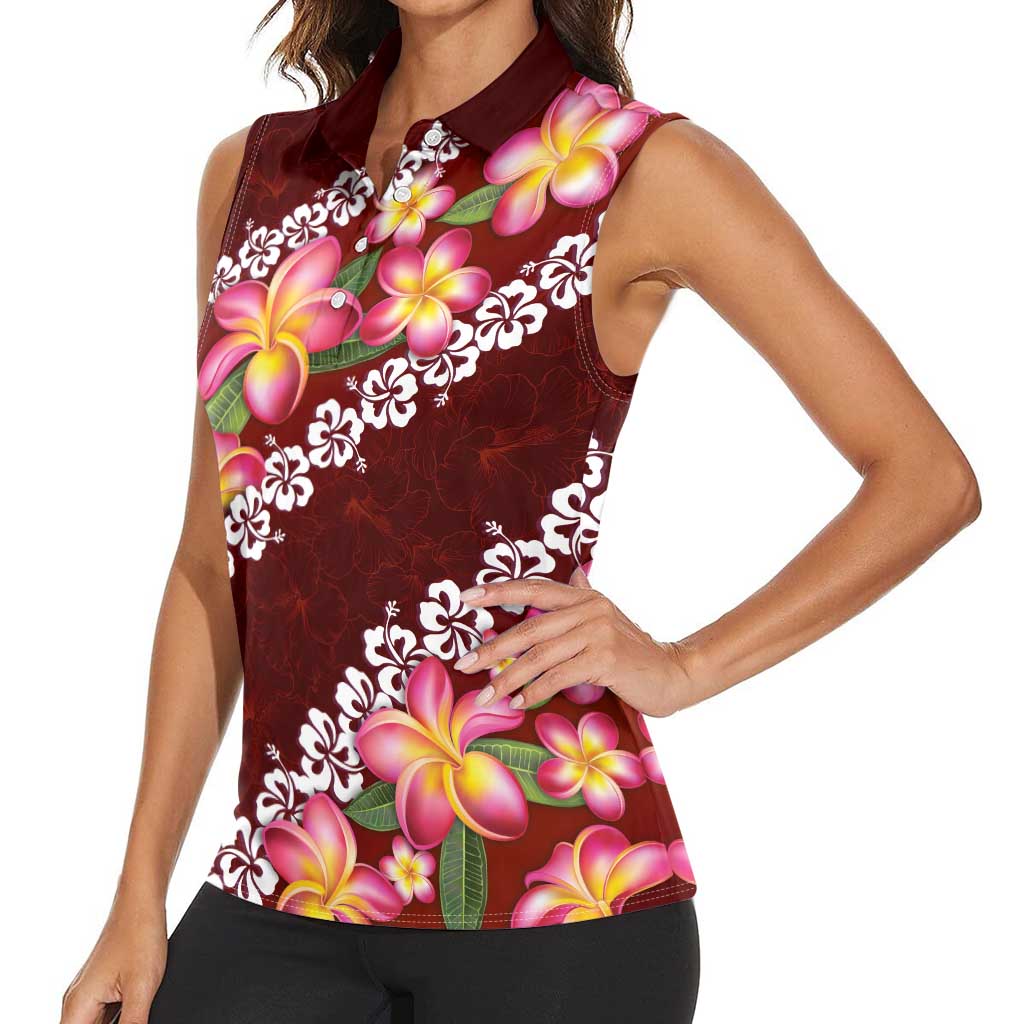 Oxblood Polynesia Women Sleeveless Polo Shirt Plumeria With Hibiscus Pattern Tropical Vibes LT14 - Polynesian Pride