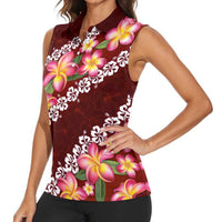 Oxblood Polynesia Women Sleeveless Polo Shirt Plumeria With Hibiscus Pattern Tropical Vibes LT14 - Polynesian Pride