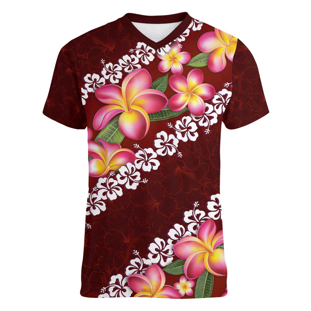 Oxblood Polynesia Women V-Neck T-Shirt Plumeria With Hibiscus Pattern Tropical Vibes LT14 Female Oxblood - Polynesian Pride