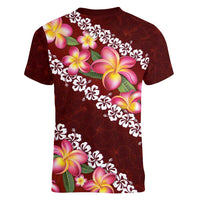 Oxblood Polynesia Women V-Neck T-Shirt Plumeria With Hibiscus Pattern Tropical Vibes LT14 - Polynesian Pride