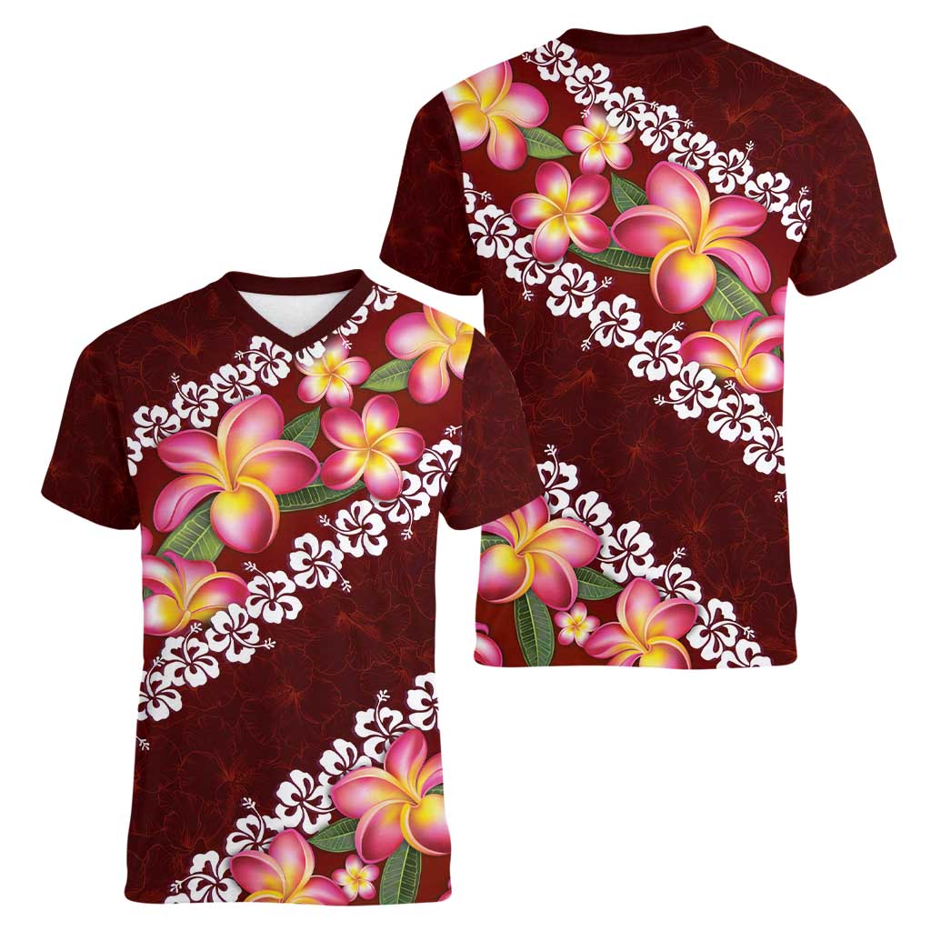 Oxblood Polynesia Women V-Neck T-Shirt Plumeria With Hibiscus Pattern Tropical Vibes LT14 - Polynesian Pride