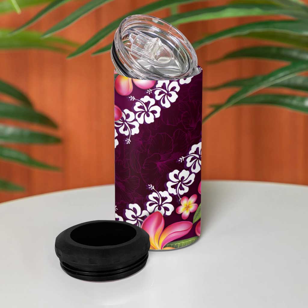 Pink Polynesia 4 in 1 Can Cooler Tumbler Plumeria With Hibiscus Pattern Tropical Vibes