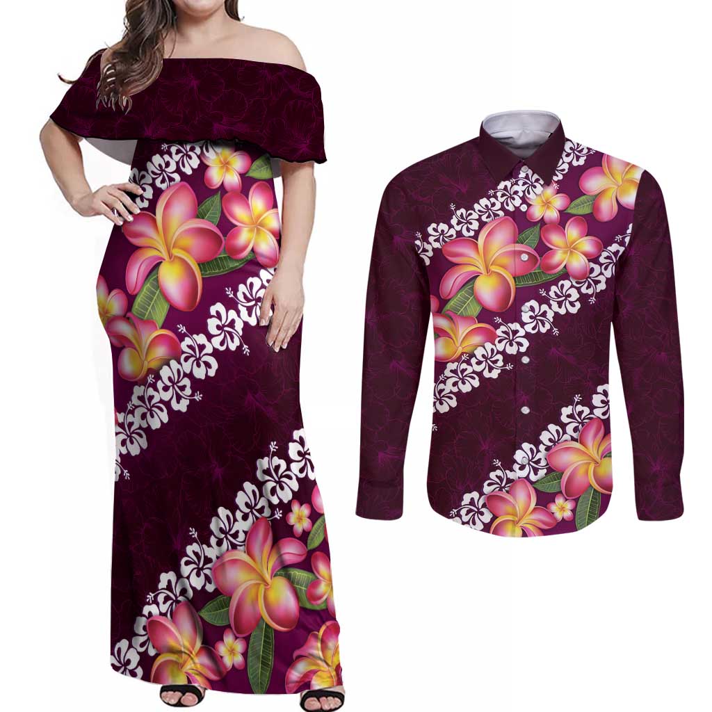 Pink Polynesia Couples Matching Off Shoulder Maxi Dress and Long Sleeve Button Shirt Plumeria With Hibiscus Pattern Tropical Vibes