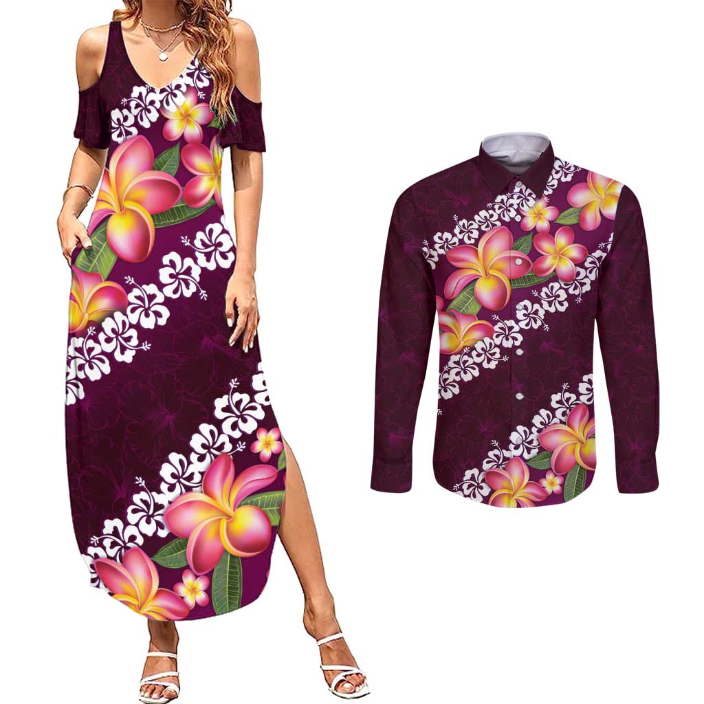 Pink Polynesia Couples Matching Summer Maxi Dress and Long Sleeve Button Shirt Plumeria With Hibiscus Pattern Tropical Vibes