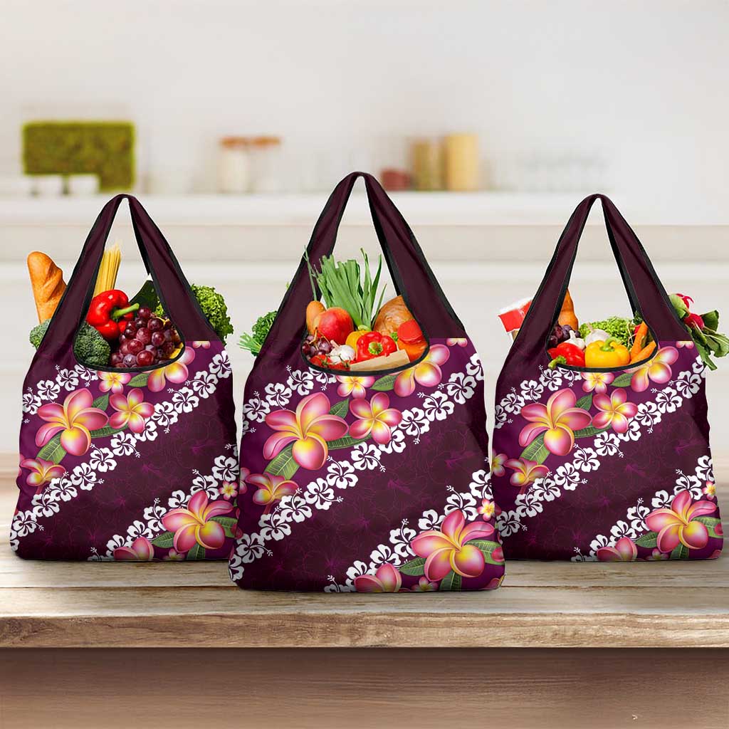 Pink Polynesia Grocery Bag Plumeria With Hibiscus Pattern Tropical Vibes