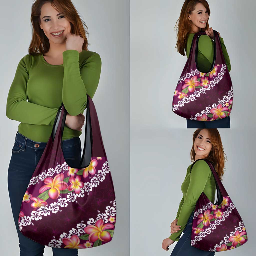 Pink Polynesia Grocery Bag Plumeria With Hibiscus Pattern Tropical Vibes