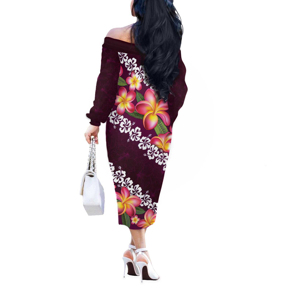 Pink Polynesia Off The Shoulder Long Sleeve Dress Plumeria With Hibiscus Pattern Tropical Vibes