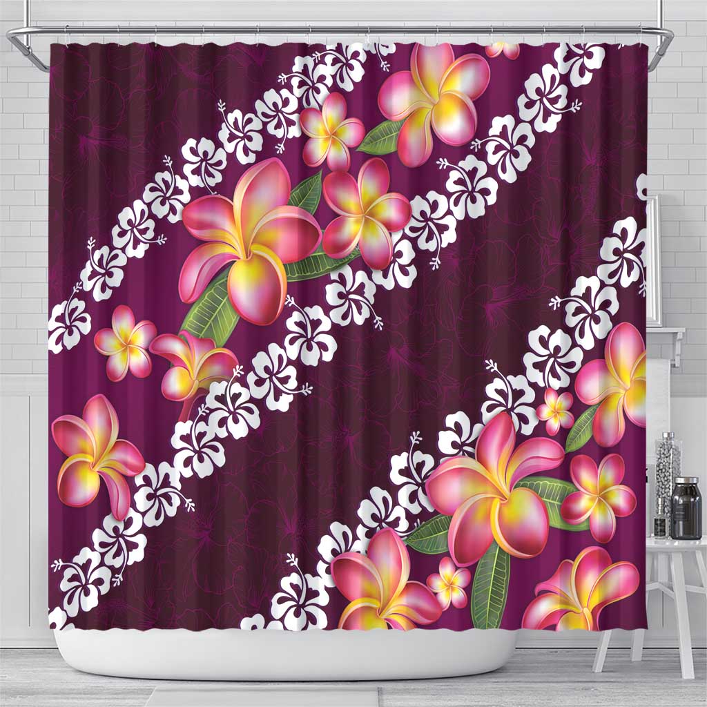 Pink Polynesia Shower Curtain Plumeria With Hibiscus Pattern Tropical Vibes