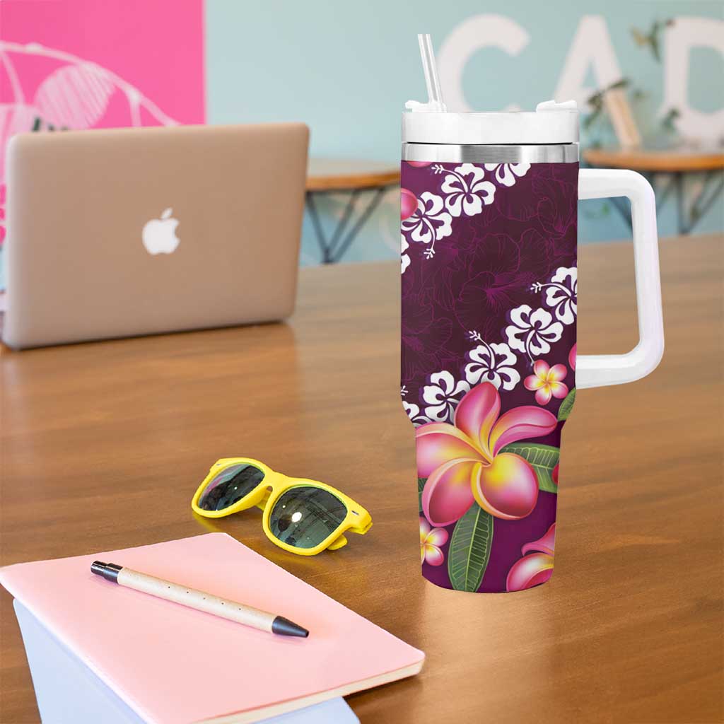 Pink Polynesia Tumbler With Handle Plumeria With Hibiscus Pattern Tropical Vibes LT14 - Polynesian Pride