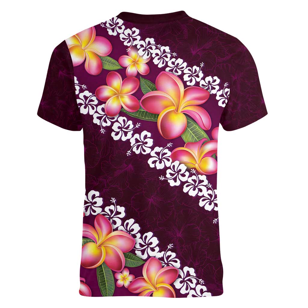 Pink Polynesia Women V-Neck T-Shirt Plumeria With Hibiscus Pattern Tropical Vibes LT14 - Polynesian Pride