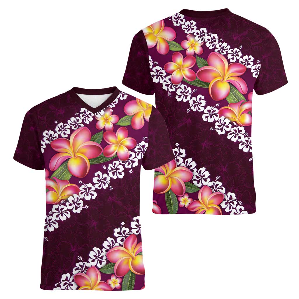 Pink Polynesia Women V-Neck T-Shirt Plumeria With Hibiscus Pattern Tropical Vibes LT14 - Polynesian Pride