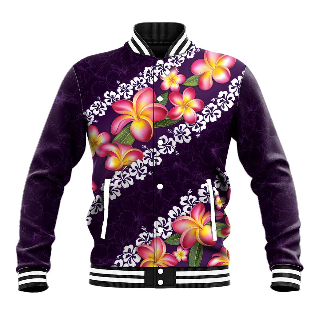 Purple Polynesia Baseball Jacket Plumeria With Hibiscus Pattern Tropical Vibes