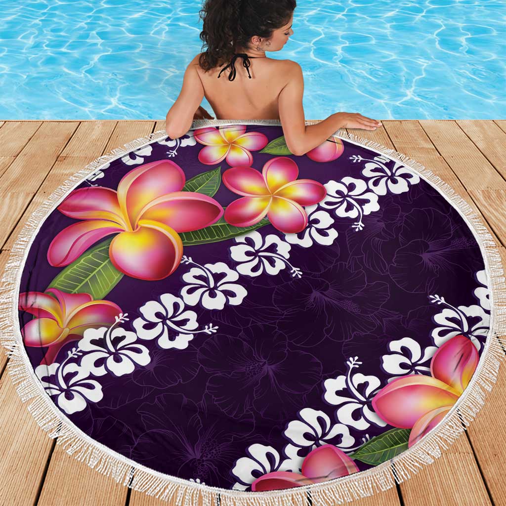 Purple Polynesia Beach Blanket Plumeria With Hibiscus Pattern Tropical Vibes