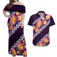Purple Polynesia Couples Matching Off Shoulder Maxi Dress and Hawaiian Shirt Plumeria With Hibiscus Pattern Tropical Vibes LT14 Purple - Polynesian Pride