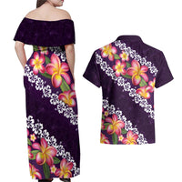 Purple Polynesia Couples Matching Off Shoulder Maxi Dress and Hawaiian Shirt Plumeria With Hibiscus Pattern Tropical Vibes LT14 - Polynesian Pride