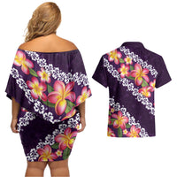 Purple Polynesia Couples Matching Off Shoulder Short Dress and Hawaiian Shirt Plumeria With Hibiscus Pattern Tropical Vibes