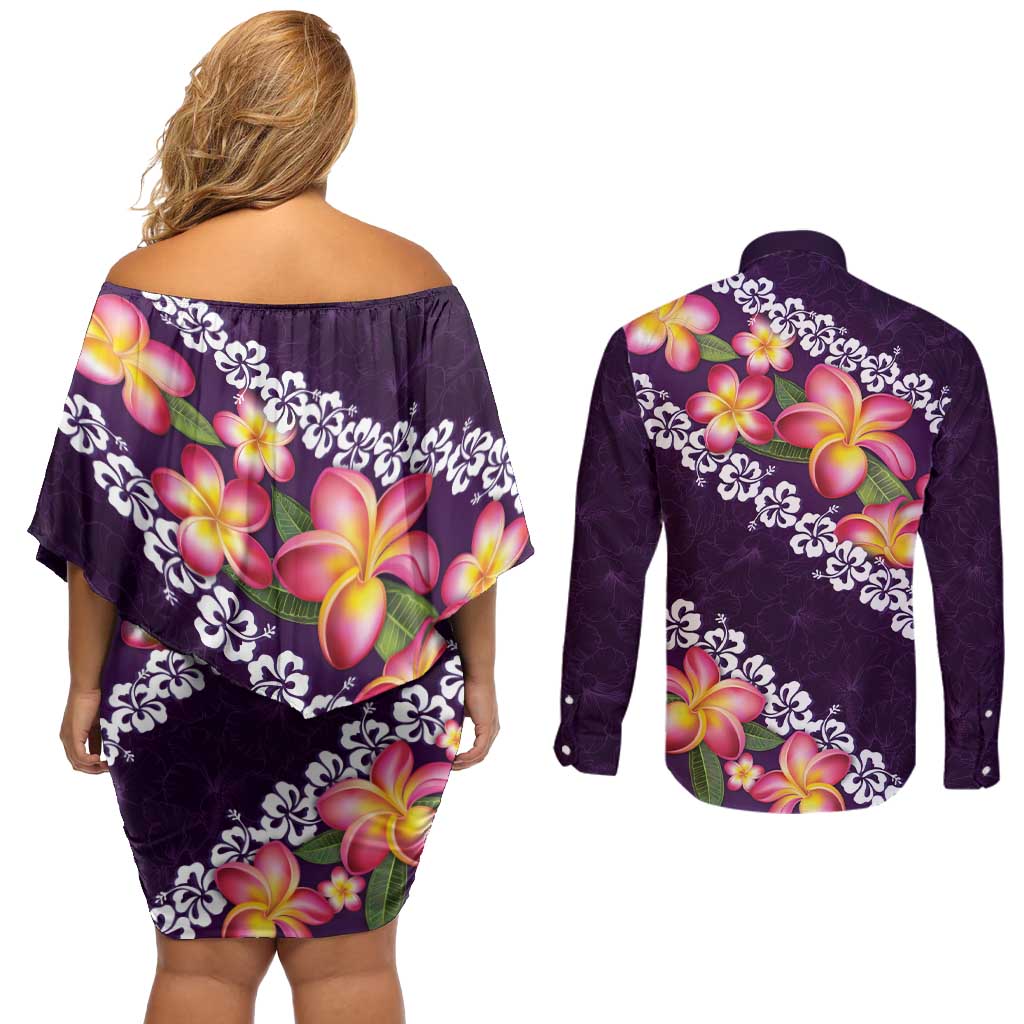 Purple Polynesia Couples Matching Off Shoulder Short Dress and Long Sleeve Button Shirt Plumeria With Hibiscus Pattern Tropical Vibes LT14 - Polynesian Pride