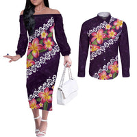 Purple Polynesia Couples Matching Off The Shoulder Long Sleeve Dress and Long Sleeve Button Shirt Plumeria With Hibiscus Pattern Tropical Vibes