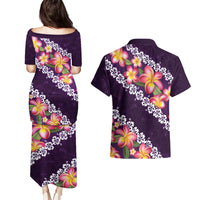 Purple Polynesia Couples Matching Puletasi and Hawaiian Shirt Plumeria With Hibiscus Pattern Tropical Vibes LT14 - Polynesian Pride