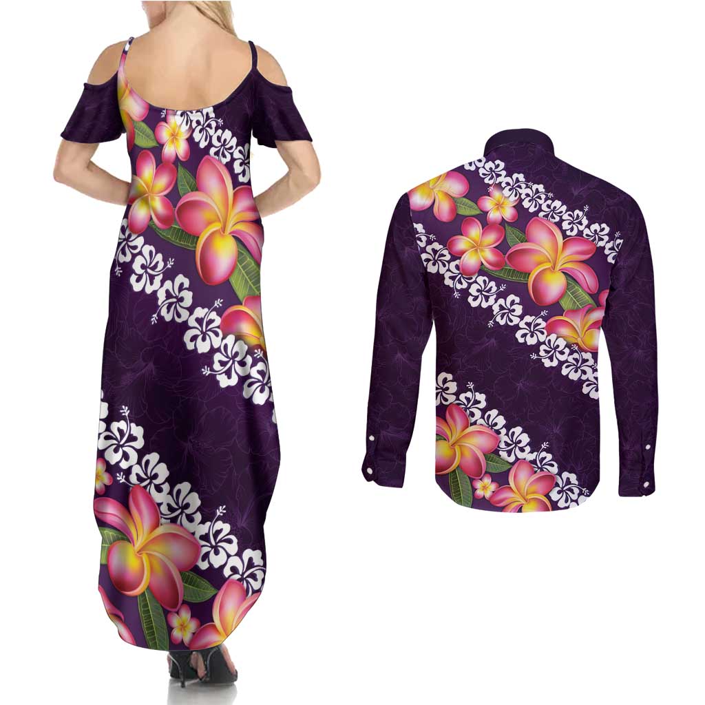 Purple Polynesia Couples Matching Summer Maxi Dress and Long Sleeve Button Shirt Plumeria With Hibiscus Pattern Tropical Vibes