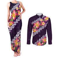 Purple Polynesia Couples Matching Tank Maxi Dress and Long Sleeve Button Shirt Plumeria With Hibiscus Pattern Tropical Vibes LT14 Purple - Polynesian Pride