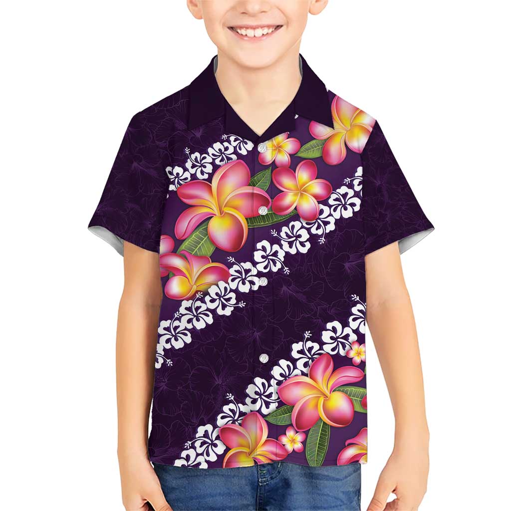 Purple Polynesia Kid Hawaiian Shirt Plumeria With Hibiscus Pattern Tropical Vibes LT14 Kid Purple - Polynesian Pride