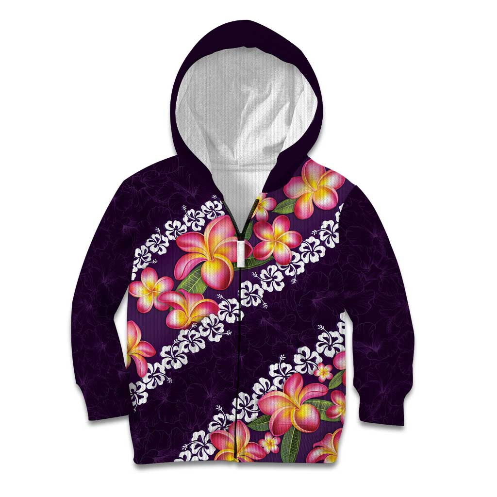 Purple Polynesia Kid Hoodie Plumeria With Hibiscus Pattern Tropical Vibes LT14 Zip Hoodie Purple - Polynesian Pride
