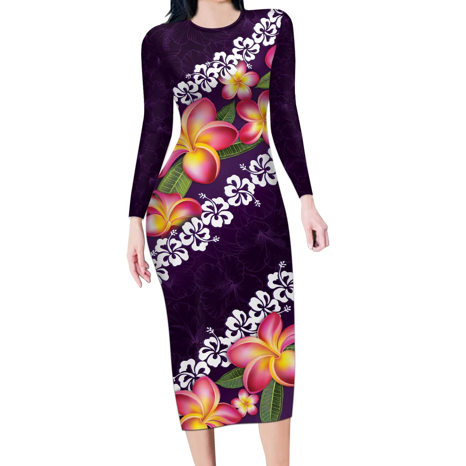 Purple Polynesia Long Sleeve Bodycon Dress Plumeria With Hibiscus Pattern Tropical Vibes