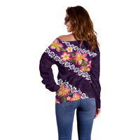 Purple Polynesia Off Shoulder Sweater Plumeria With Hibiscus Pattern Tropical Vibes