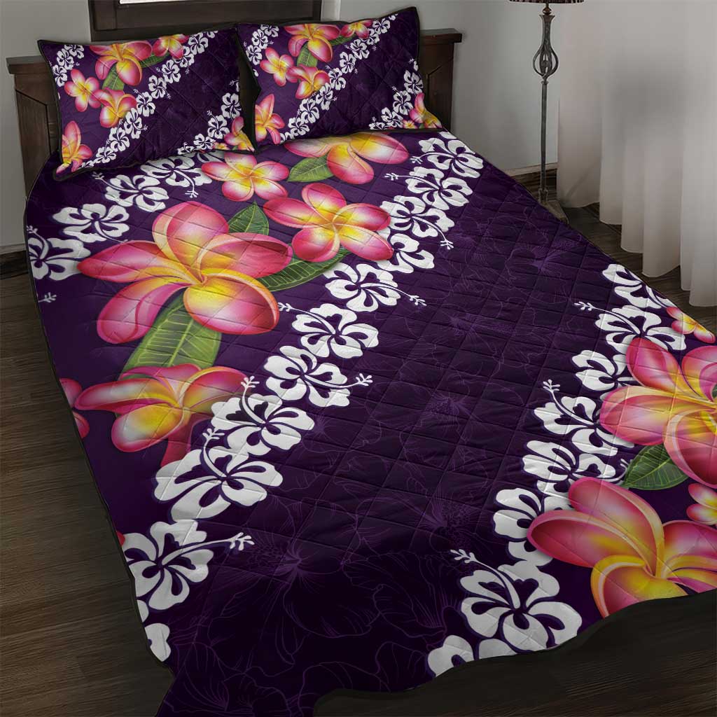 Purple Polynesia Quilt Bed Set Plumeria With Hibiscus Pattern Tropical Vibes