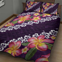 Purple Polynesia Quilt Bed Set Plumeria With Hibiscus Pattern Tropical Vibes