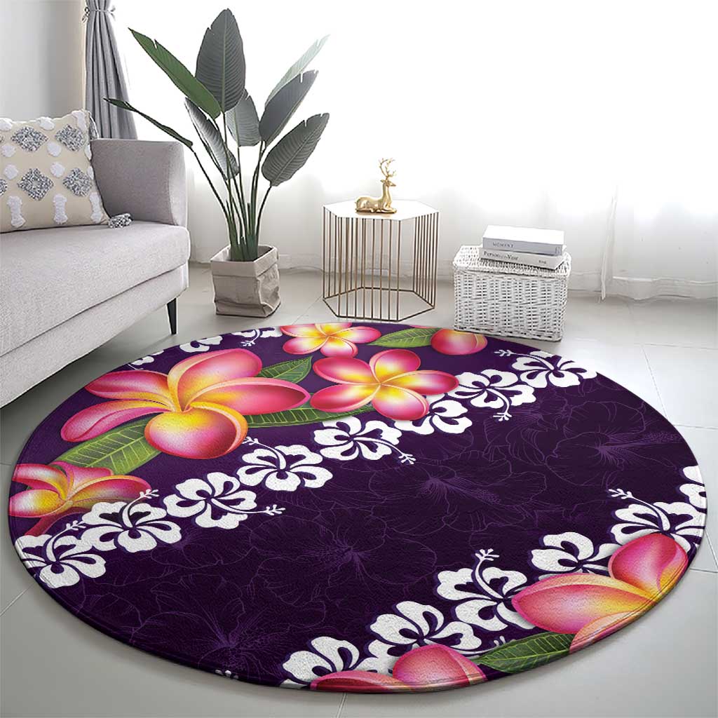 Purple Polynesia Round Carpet Plumeria With Hibiscus Pattern Tropical Vibes LT14 - Polynesian Pride