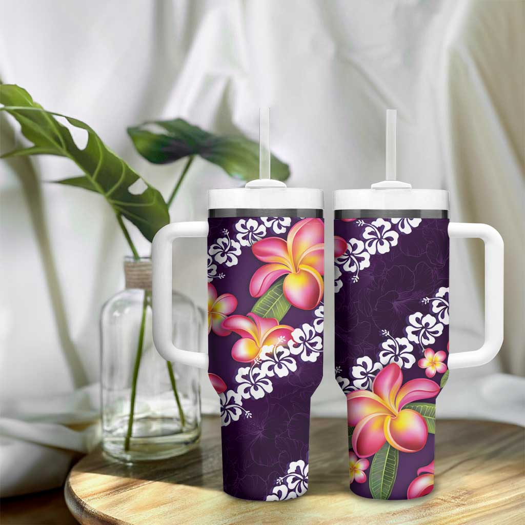 Purple Polynesia Tumbler With Handle Plumeria With Hibiscus Pattern Tropical Vibes LT14 - Polynesian Pride