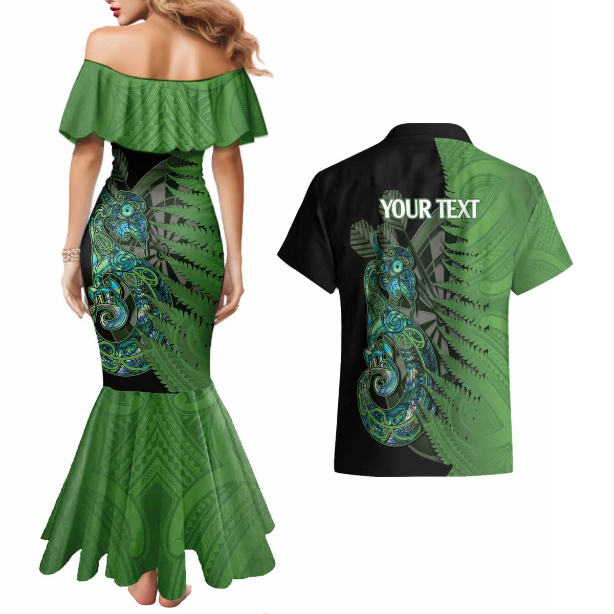 Personalised New Zealand Darts Couples Matching Mermaid Dress and Hawaiian Shirt Aotearoa Maori Fern Mix Manaia Tattoo