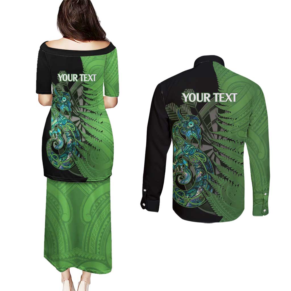 Personalised New Zealand Darts Couples Matching Puletasi and Long Sleeve Button Shirt Aotearoa Maori Fern Mix Manaia Tattoo