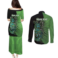 Personalised New Zealand Darts Couples Matching Puletasi and Long Sleeve Button Shirt Aotearoa Maori Fern Mix Manaia Tattoo