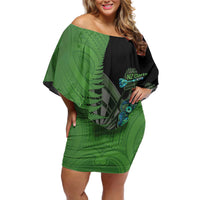 Personalised New Zealand Darts Off Shoulder Short Dress Aotearoa Maori Fern Mix Manaia Tattoo