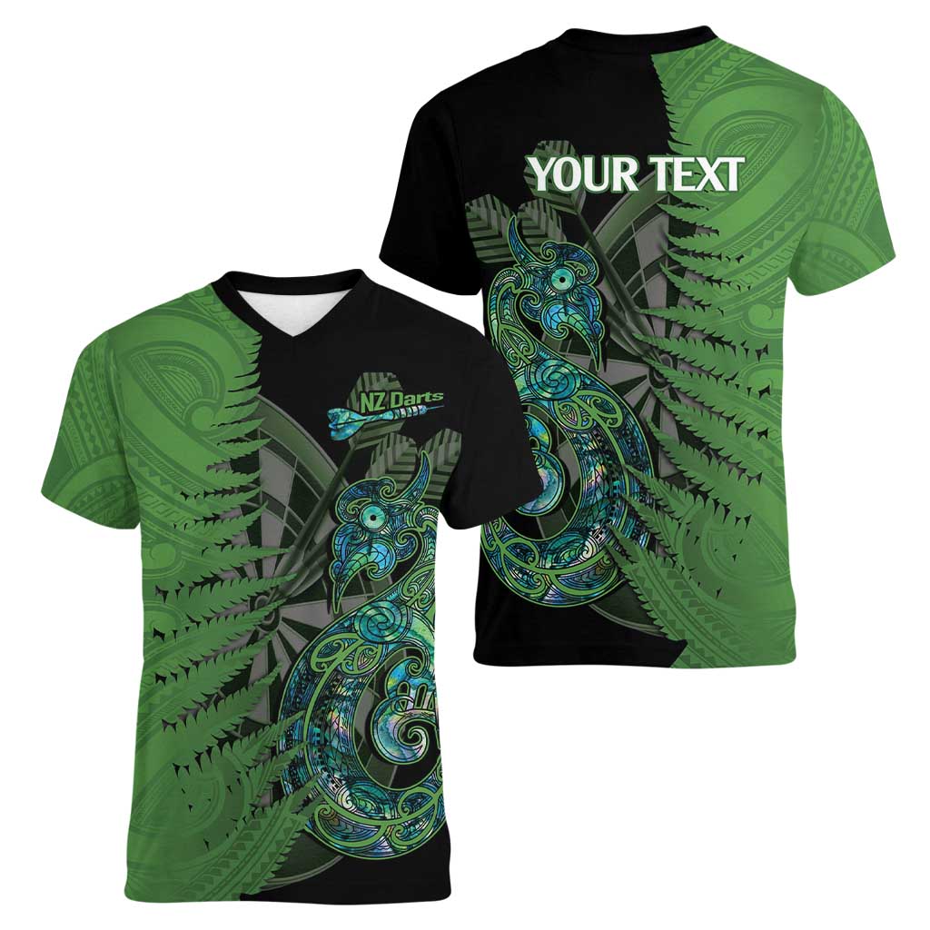 Personalised New Zealand Darts Women V-Neck T-Shirt Aotearoa Maori Fern Mix Manaia Tattoo