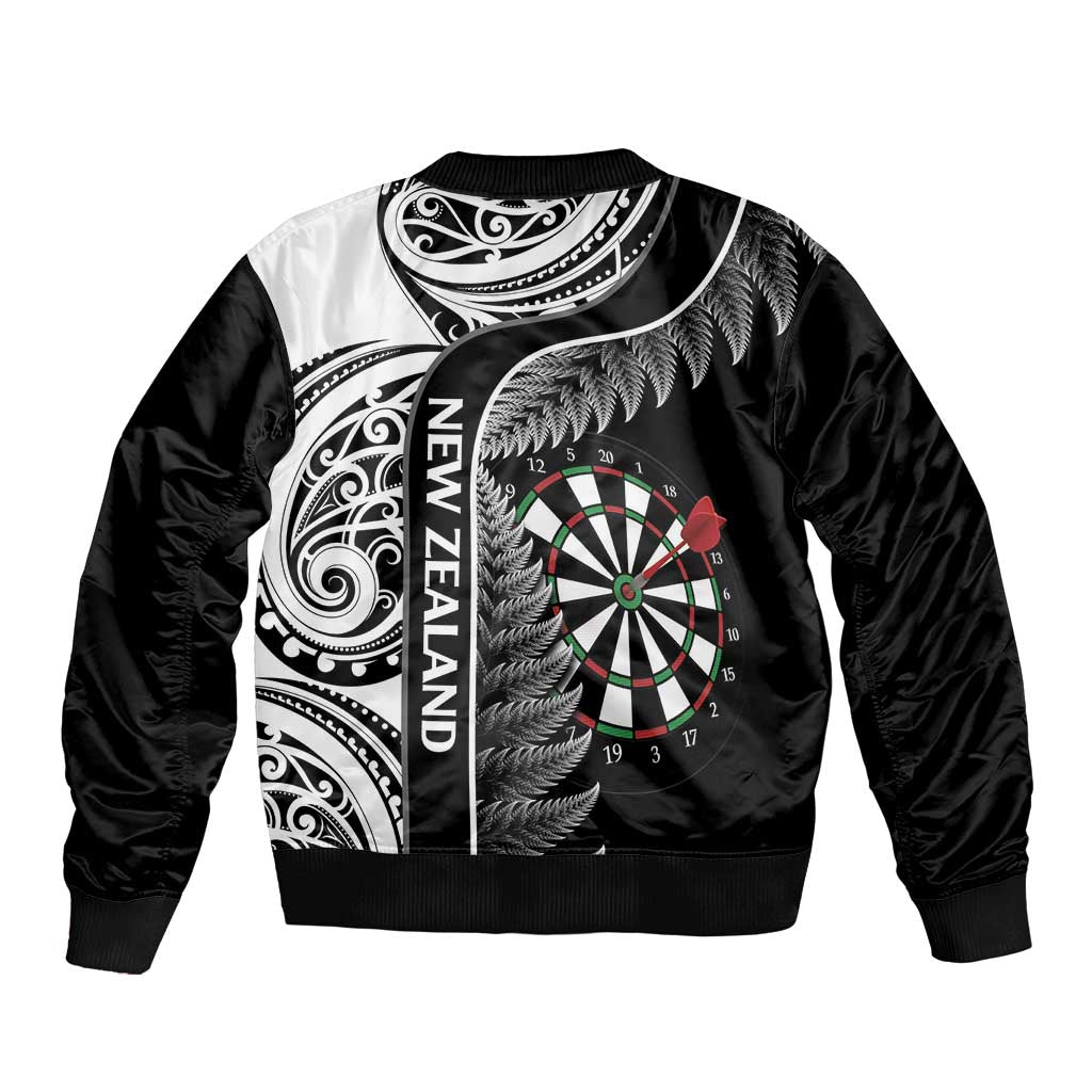 Personalised New Zealand Darts Bomber Jacket Aotearoa Fern Mix Paua Shell Manaia - Black