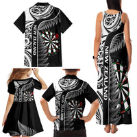 Personalised New Zealand Darts Family Matching Tank Maxi Dress and Hawaiian Shirt Aotearoa Fern Mix Paua Shell Manaia - Black