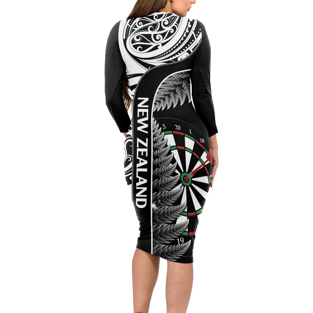 Personalised New Zealand Darts Long Sleeve Bodycon Dress Aotearoa Fern Mix Paua Shell Manaia - Black