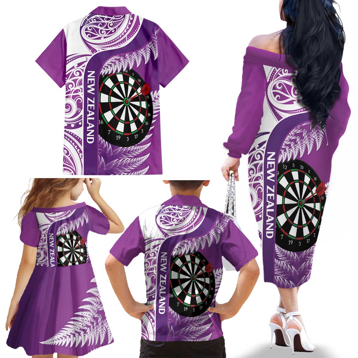 Personalised New Zealand Darts Family Matching Off The Shoulder Long Sleeve Dress and Hawaiian Shirt Aotearoa Fern Mix Paua Shell Manaia - Purple