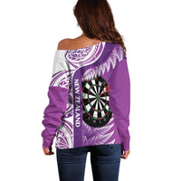 Personalised New Zealand Darts Off Shoulder Sweater Aotearoa Fern Mix Paua Shell Manaia - Purple
